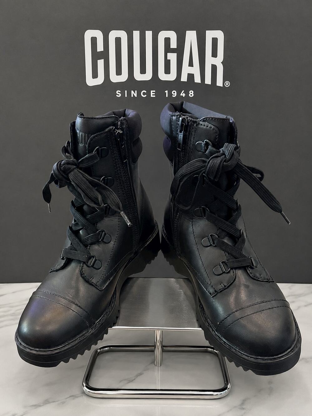 Cougar Gwen Black Lace Up Combat Boots Side Zip Womens 6 EU 36 NWOB